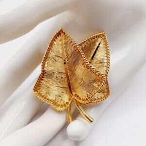 Vintage B.S.K. Gold Plated Leaf Brooch, Textured Double Leaf Design, 2 Inches